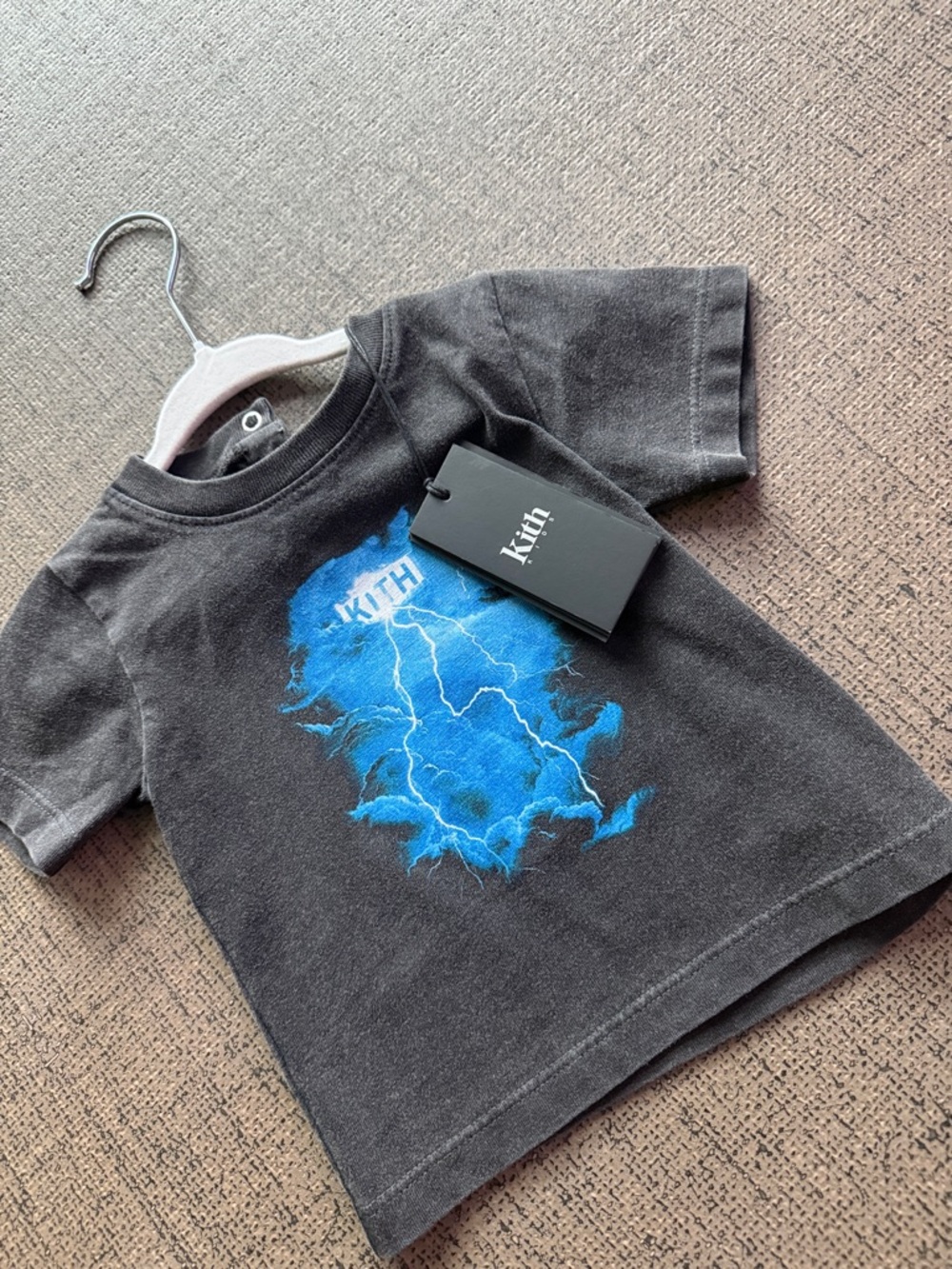 Kith Kids Black Tee with Electric Blue Lightning Graphic